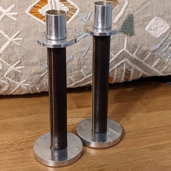 Tall candle stick holder leather like elements set of 2 candleholder - Picture 2 of 7
